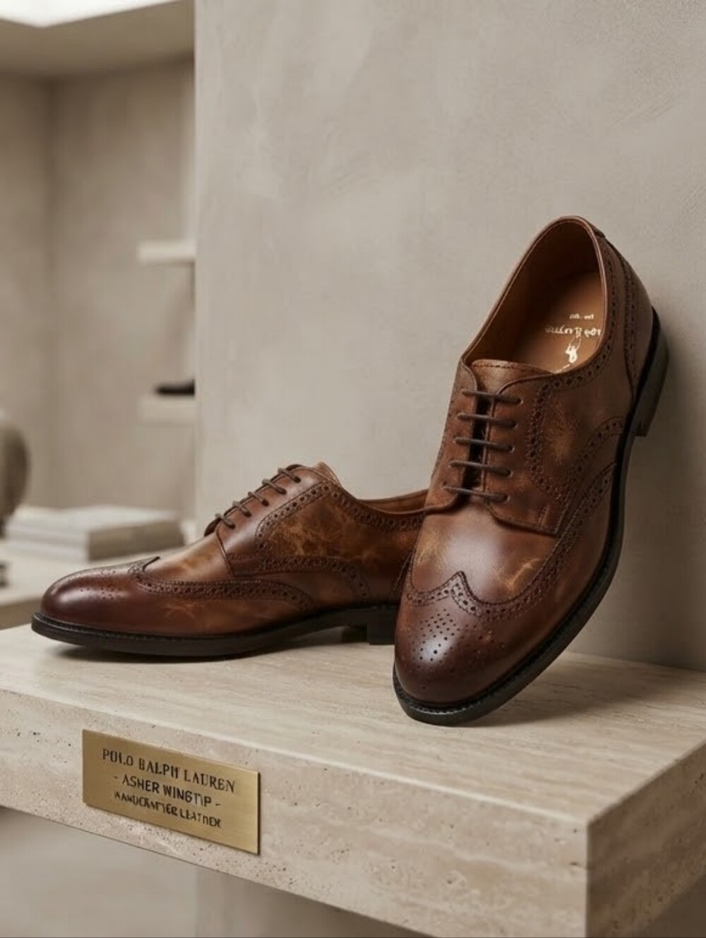 NWOT ​Polo Ralph Lauren Asher Brown Burnished Leather Wingtip Brogues Size 9.5